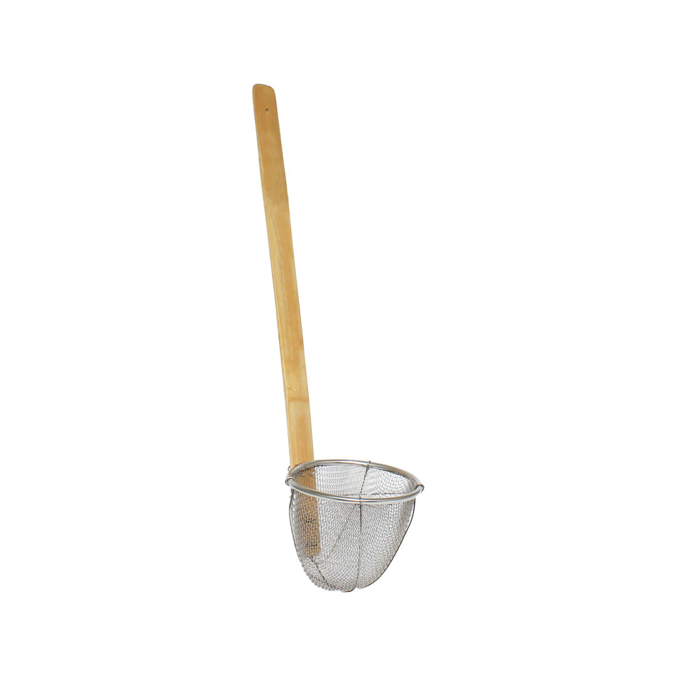 5-1/2" Diameter x 4-7/8" Height, Noodle Skimmer, Stainless Steel Mesh with 16-7/8" Bamboo Handle
