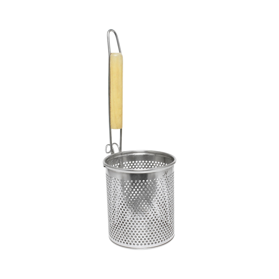 5" x 5-1/2" Round Flat Bottom Noodle Skimmer, Stainless Steel Mesh with 8-1/4" Length of Wooden Handle