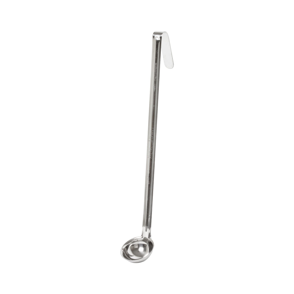 1/2 oz, 1-3/4" Diameter x 1/2" Height Ladle Bowl size, 10" Length x 1/2" Width Handle and 2-3/8" Length x 1/2" width bended tip can be easily Stored on Pot rim or hung on rack, Stainless Steel Ladle, One-Piece Construction