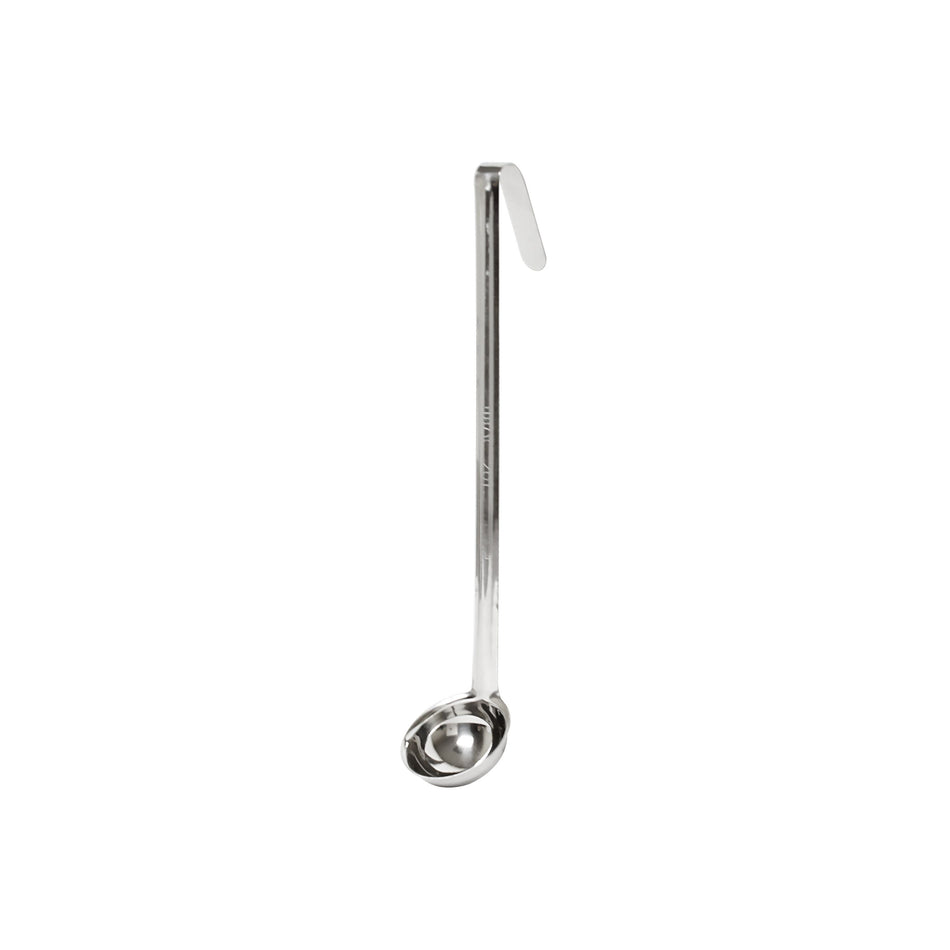 1 oz, 2-1/4" Diameter x 7/8" Height Ladle Bowl size, 10" Length x 1/2" Width Handle and 2-3/8" Length x 1/2" width bended tip can be easily Stored on Pot rim or hung on rack, Stainless Steel Ladle, One-Piece Construction