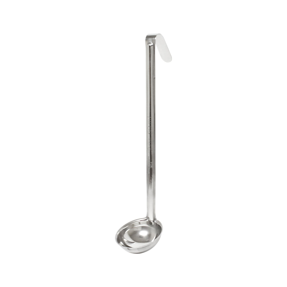 2 oz, 2-5/8" Diameter x 1" Height Ladle Bowl size, 10" Length x 3/4" width Handle and 2-3/8" Length x 5/8" width bended tip can be easily Stored on Pot rim or hung on rack, Stainless Steel Ladle, One-Piece Construction