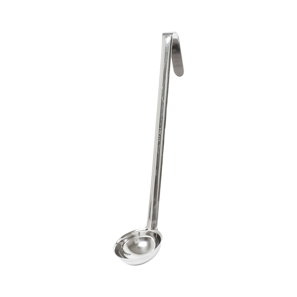 3 oz, 2-7/8" Diameter x 1-1/8" Height Ladle Bowl size, 11-7/8" Length x 3/4" width Handle and 2-3/4" Length x 3/4" width bended tip can be easily Stored on Pot rim or hung on rack, Stainless Steel Ladle, One-Piece Construction