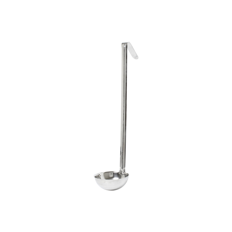 4 oz, 3-1/4" Diameter x 1-1/2" Height Ladle Bowl size, 11-7/8" Length x 3/4" width Handle and 2-3/4" Length x 3/4" width bended tip can be easily Stored on Pot rim or hung on rack, Stainless Steel Ladle, One-Piece Construction