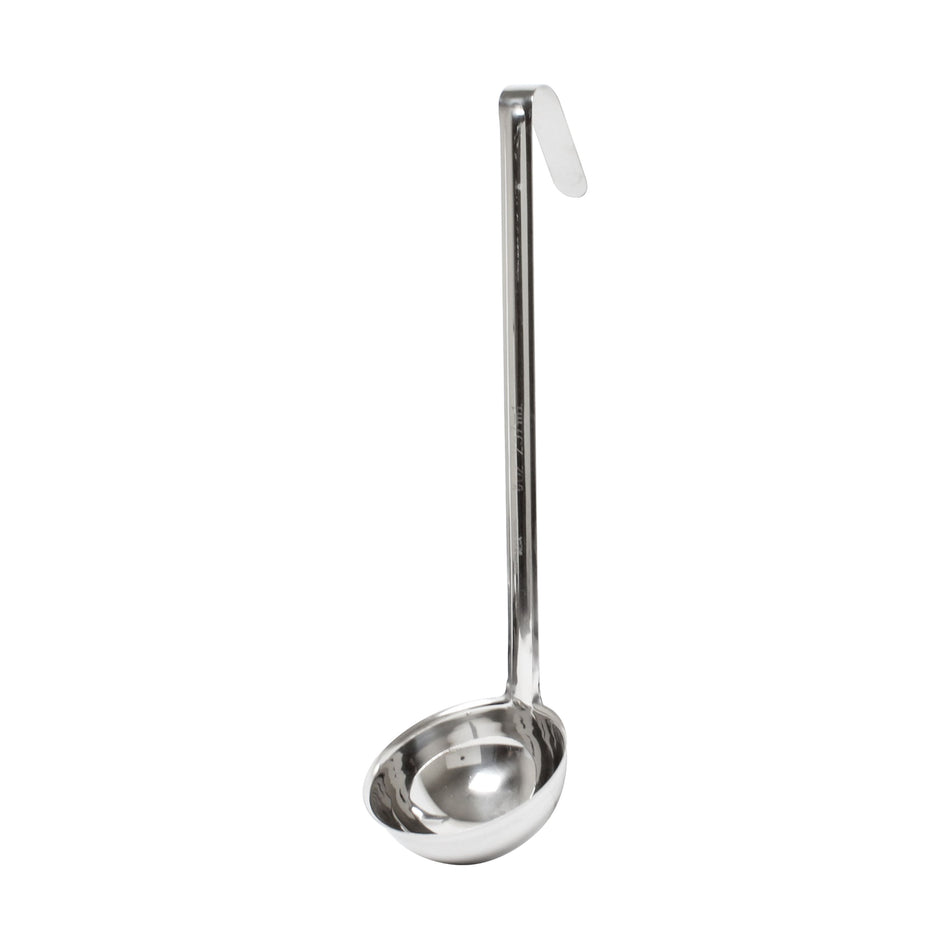 8 oz, 4" Diameter x 1-3/4" Height Ladle Bowl size, 11-3/4" Length x 3/4" Width Handle and 3" Length x 3/4" Width bended tip can be easily Stored on Pot rim or hung on rack, Stainless Steel Ladle, One-Piece Construction