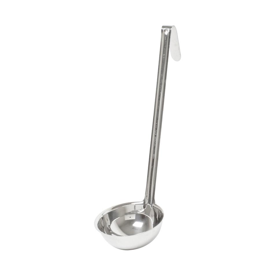 10 oz, 4-1/4" Diameter x 1-7/8" Height, Ladle Bowl size, 11-3/4" Length x 3/4" Width Handle and 3-1/4" Length x 3/4" Width bended tip can be easily Stored on Pot rim or hung on rack, Stainless Steel Ladle, One-Piece Construction