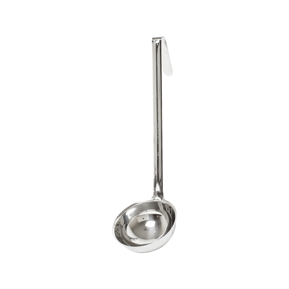 12 oz, 4-3/4" Diameter x 1-3/4" Height Ladle Bowl size, 11-3/4" Length x 3/4" Width Handle and 3" Length x 3/4" Width bended tip can be easily Stored on Pot rim or hung on rack, Stainless Steel Ladle, One-Piece Construction