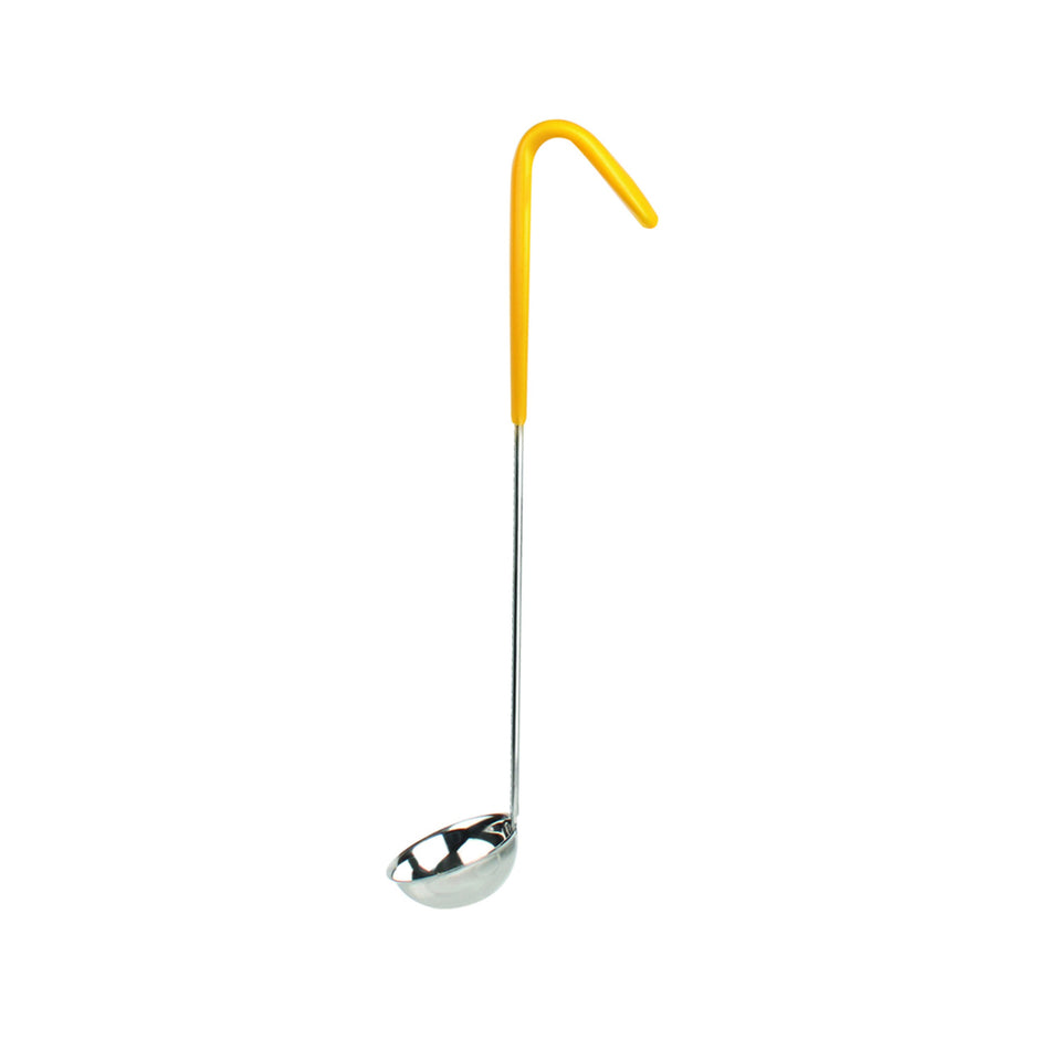 1 oz, 2-1/8" Diameter x 7/8" Height, Stainless Steel Ladle Bowl size with 10-1/4" Length x 1/2" width Stainless Steel Handle (Included 4-1/4" length x 5/8" width Yellow Color Vinyl Coated Plastic Grip), Color Coded, One-Piece Construction