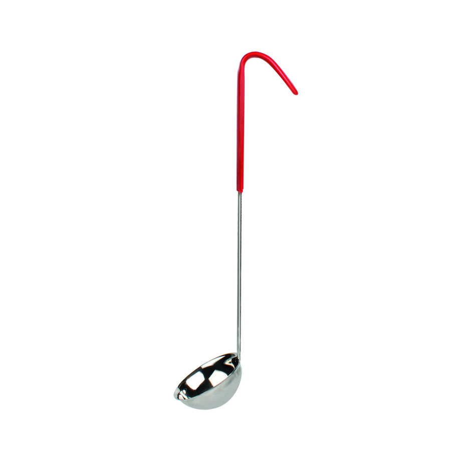 2 oz, 2-1/2" Diameter x 1" Height, Stainless Steel Ladle Bowl size with 10-1/4" length x 3/4" width Stainless Steel Ladle Handle (Included 4-3/4" length x 3/4" width Red Color Vinyl Coated Plastic Grip), Color Coded, One-Piece Construction