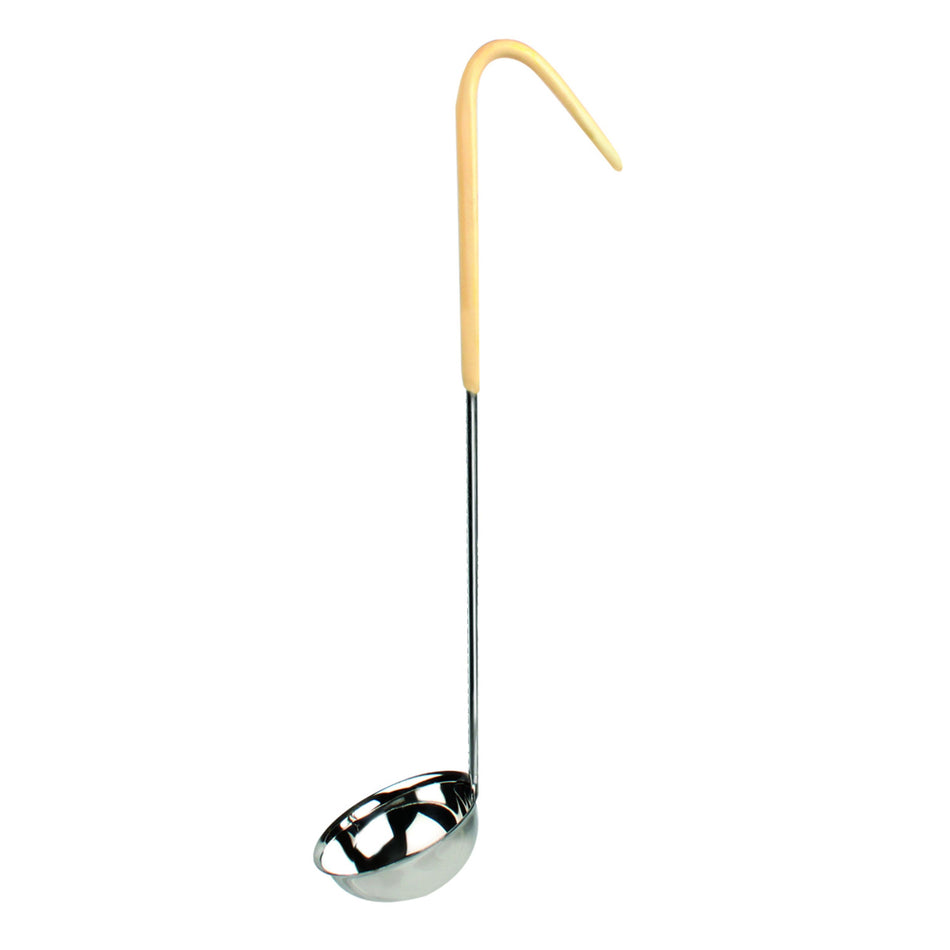 3 oz, 2-7/8" Diameter x 1-1/8" Height, Stainless Steel Ladle Bowl size with 12-3/8" length x 3/4 width Stainless Steel Ladle Handle (Included 5-3/8" length x 3/4" width Ivory Color Vinyl Coated Plastic Grip), Color Coded, One-Piece Construction