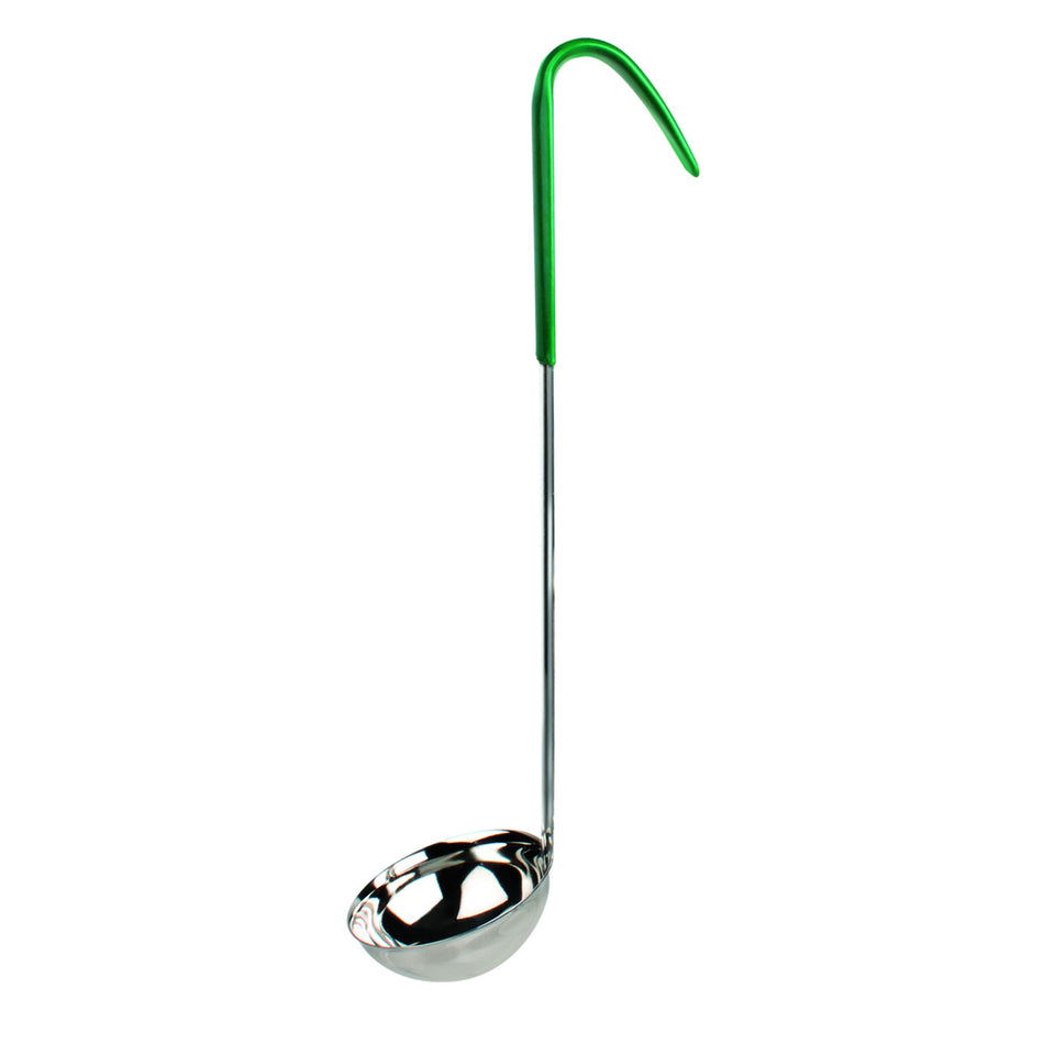 4 oz, 3-1/4" Diameter x 1-1/2" Height, Stainless Steel Ladle Bowl Size with 11-3/4" length x 3/4" width, Stainless Steel Ladle Handle  (Included 5-1/4" length x 3/4" width Green Color Vinyl Coated Plastic Grip), Color Coded, One-Piece Construction