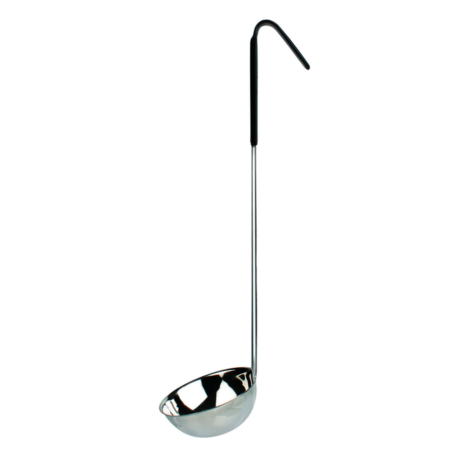 6 oz, 3-3/4" Diameter x 1-5/8" Height, Stainless Steel Ladle Bowl size with 12" length x 3/4" width Stainless Steel Ladle Handle (Included 5-1/2" length x 3/4" width Black Color Vinyl Coated Plastic Grip), Color Coded, One-Piece Construction