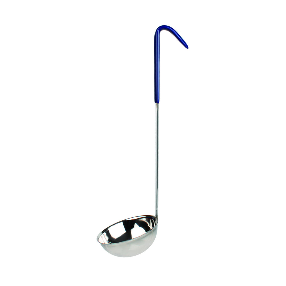 8 oz, 4" Diameter x 1-3/4" Height, Stainless Steel Ladle Bowl size with 12-1/4" length x 3/4" width, Stainless Steel Ladle Handle (Included 5-3/8" length x 3/4" width Blue Color Vinyl Coated Plastic Grip), Color Coded, One-Piece Construction