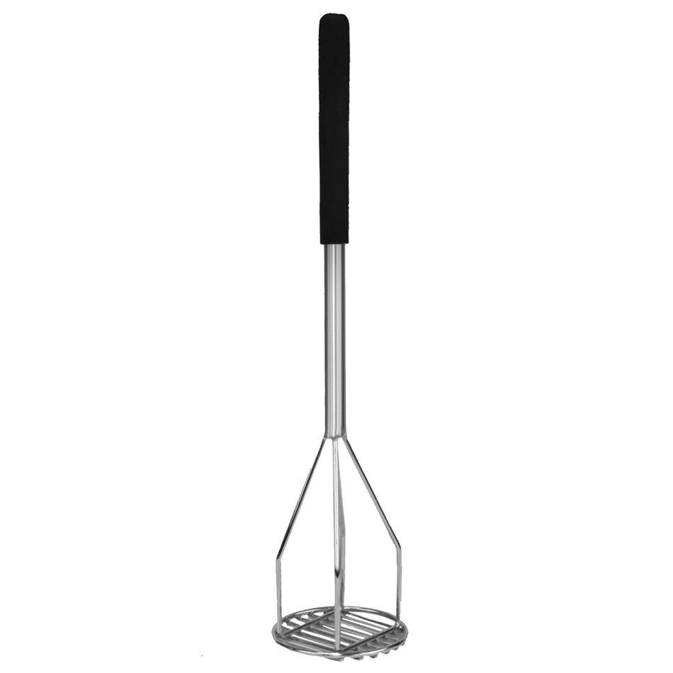 5-1/4" Diameter x 24" Height, Round Shape Potato Masher, Chrome Plated with Soft Grip Handle, Black Color, Easy to Clean