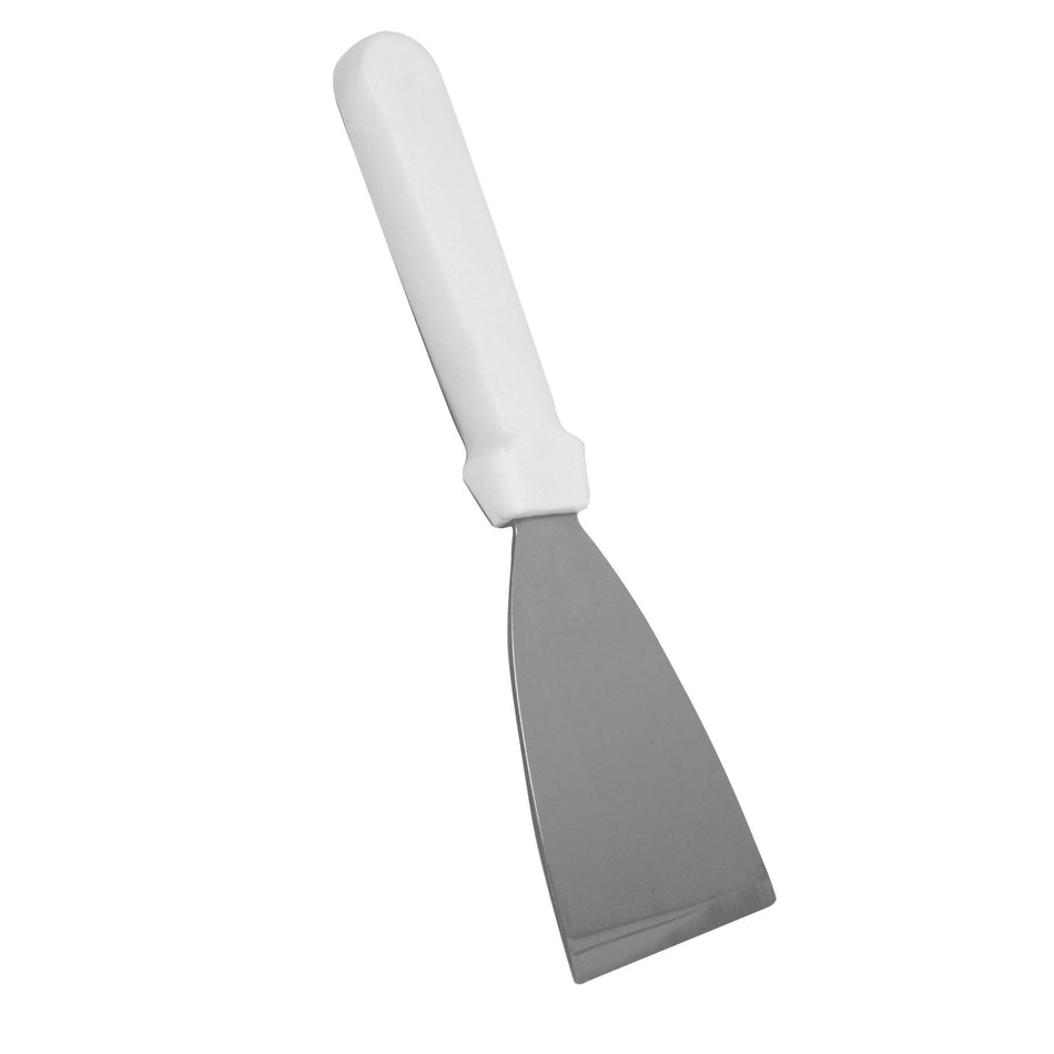 9-3/4" x 3-1/8" x 7/8", Blade Size:  4" x 3", Pan Scraper, Stainless Steel Blade with White Plastic Handle