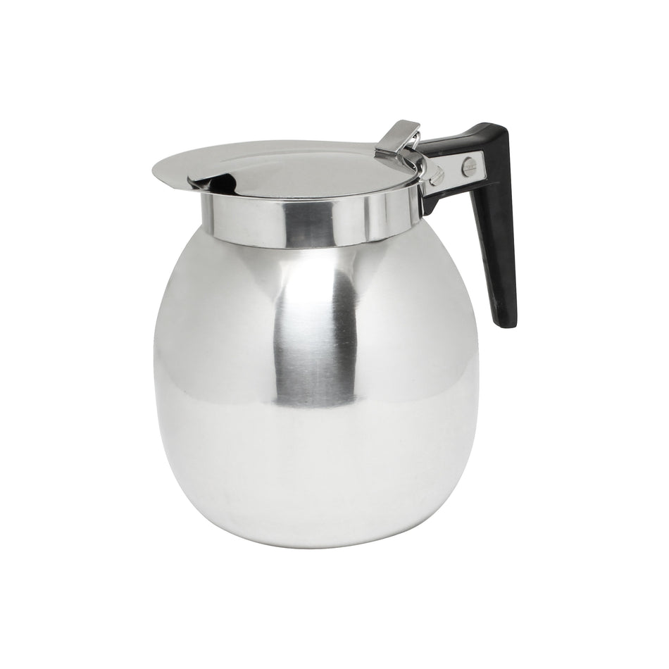 64 oz, 6" Diameter x 6-5/8" Height with 1-3/8" Black Easy-Grip Handle, Coffee Decanter, Stainless Steel, Mirror Finish