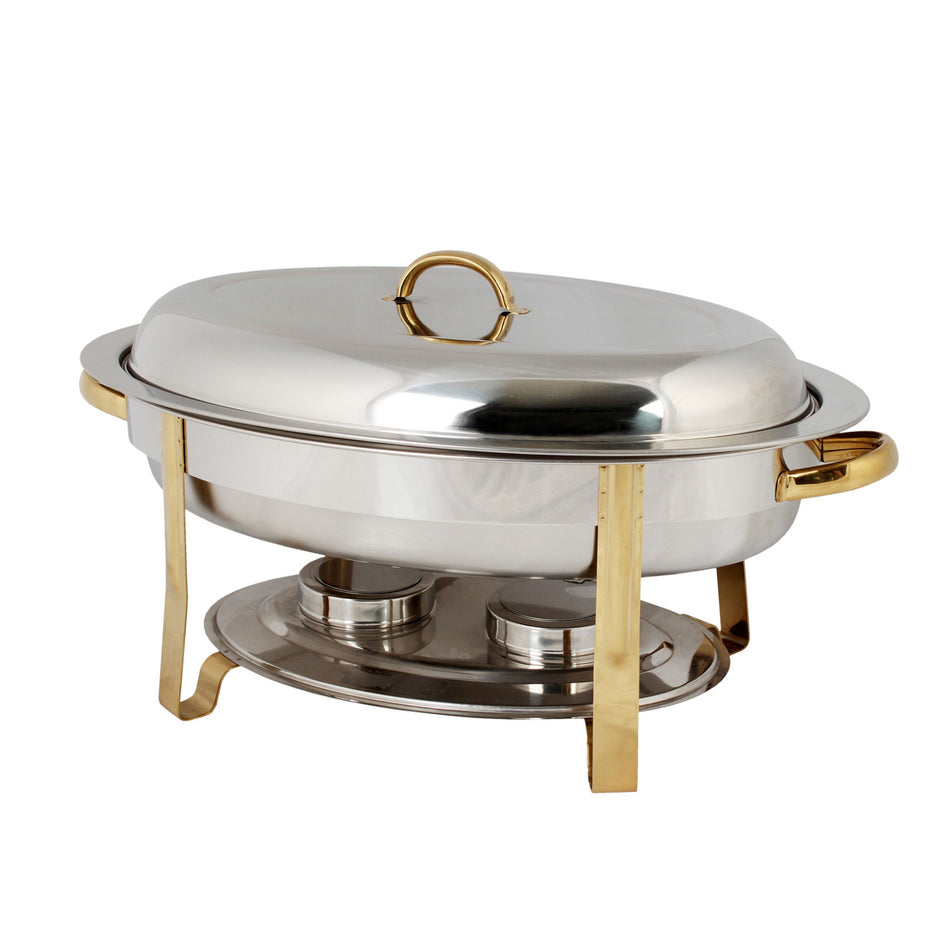 Thunder Group SLRCF0836GH 6 Quart Lift-off Oval Chafer with Gold Accents Stainless Steel