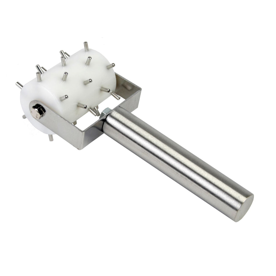 8-1/8" x 3-1/4", with 1" diameter Handle, Half Size Roller Docker with Pins, Stainless Steel Handle & 3/8" Pin with White Plastic Barrel