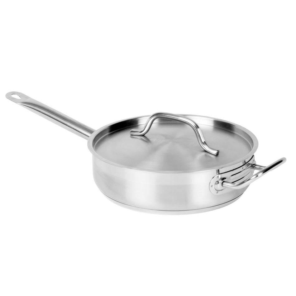 7 qt, 14" Diameter x 3-1/8" Height, 11-3/8" Welded Hollow Handle and 1-3/4" Helper Handle, Sauté Pan with Lid, Stainless Steel 18/8, 304 Material, NSF
