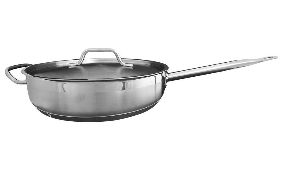 5 qt, 12-3/8" Diameter x 3" Height, 10-5/8" Welded Hollow Handle and 2-1/8" Helper Handle, SautÃ© Pan with Lid, Stainless Steel , NSF