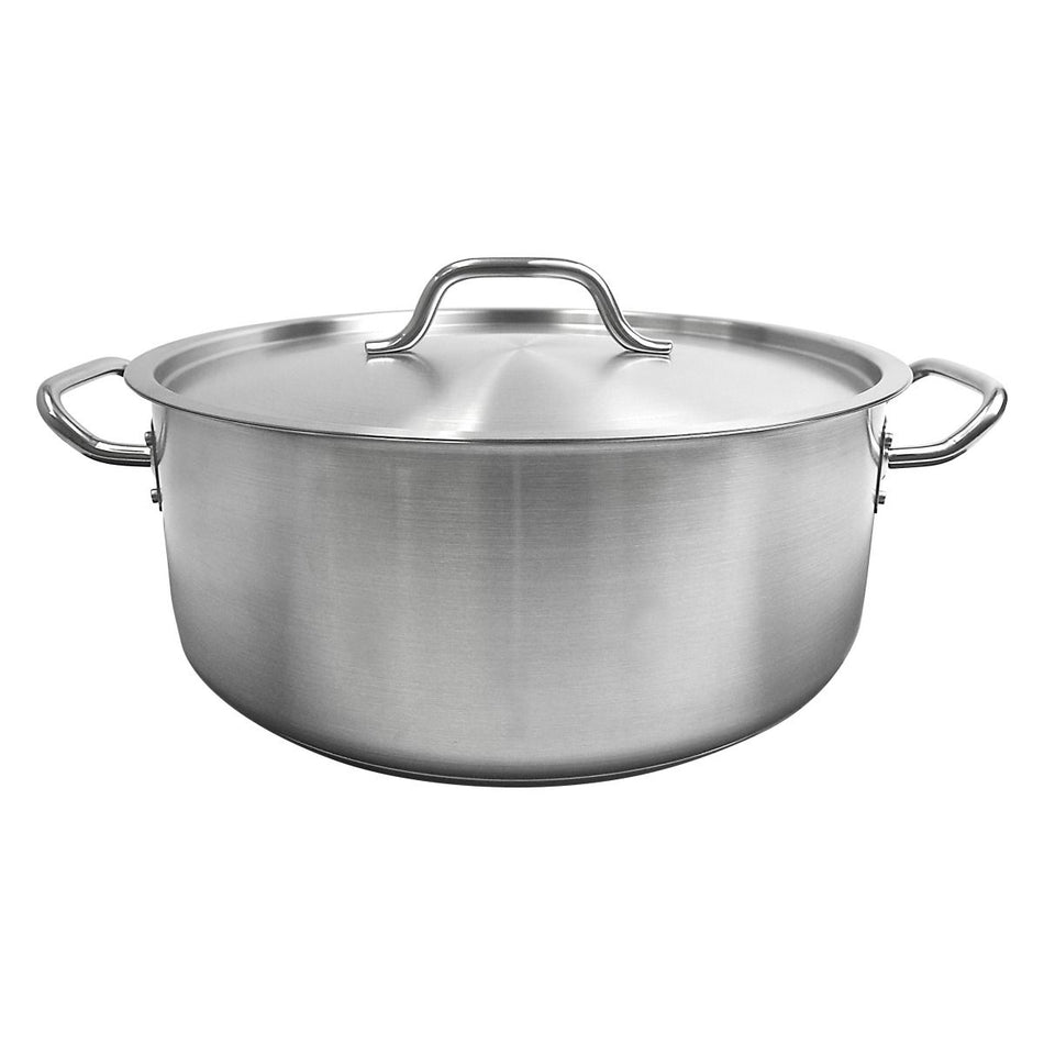 15 qt, 15" Diameter x 5-3/4" Height, 2-3/8" Welded Handle, Brazier Pot with 15" Diameter x 1/2" Thickness Lid, Stainless Steel , Encapsulated Base, Dishwasher Safe, Standard Electric, Gas Cooktop, Halogen & Induction Ready, Oven Safe, Heavy-Duty, NSF
