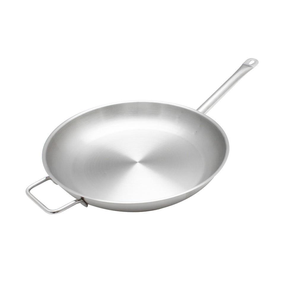 12" Diameter x 2-1/8" Height, 10-1/8" Welded Hollow Handle, Fry Pan, Stainless Steel 18/8, 304 Material, Encapsulated Base, Dishwasher Safe, Standard Electric, Gas Cooktop, Halogen & Induction Ready, Oven Safe, Heavy-Duty, NSF