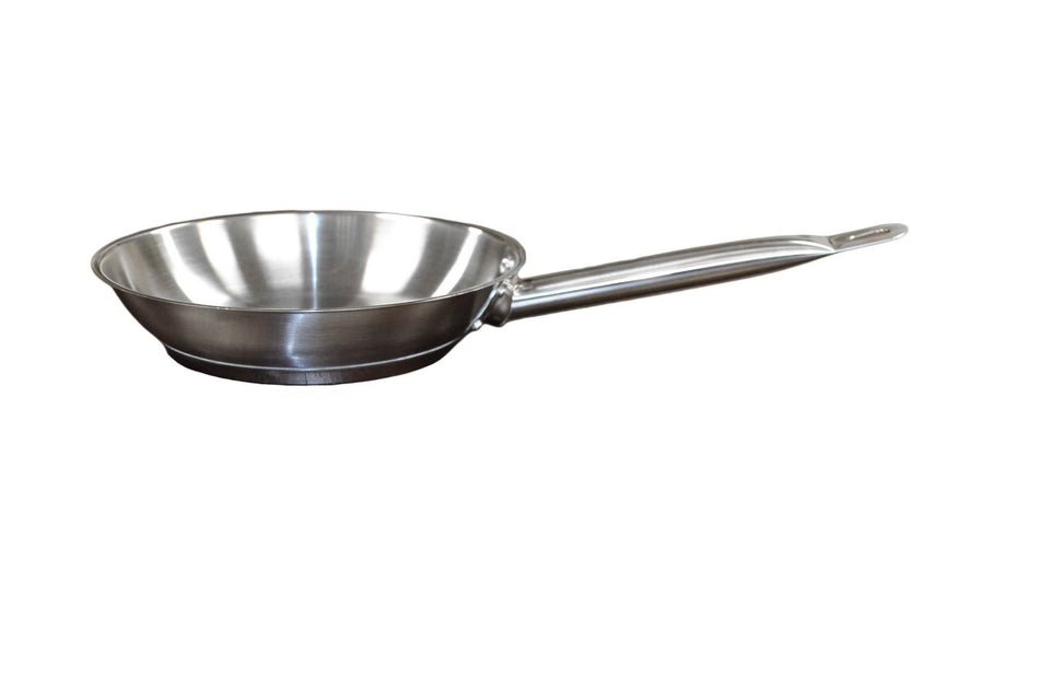 8" Diameter x 1-3/4" Height, 7-5/8" Welded Hollow Handle, Fry Pan, Stainless Steel , Encapsulated Base, Dishwasher Safe, Standard Electric, Gas Cooktop, Halogen & Induction Ready, Oven Safe, Heavy-Duty, NSF