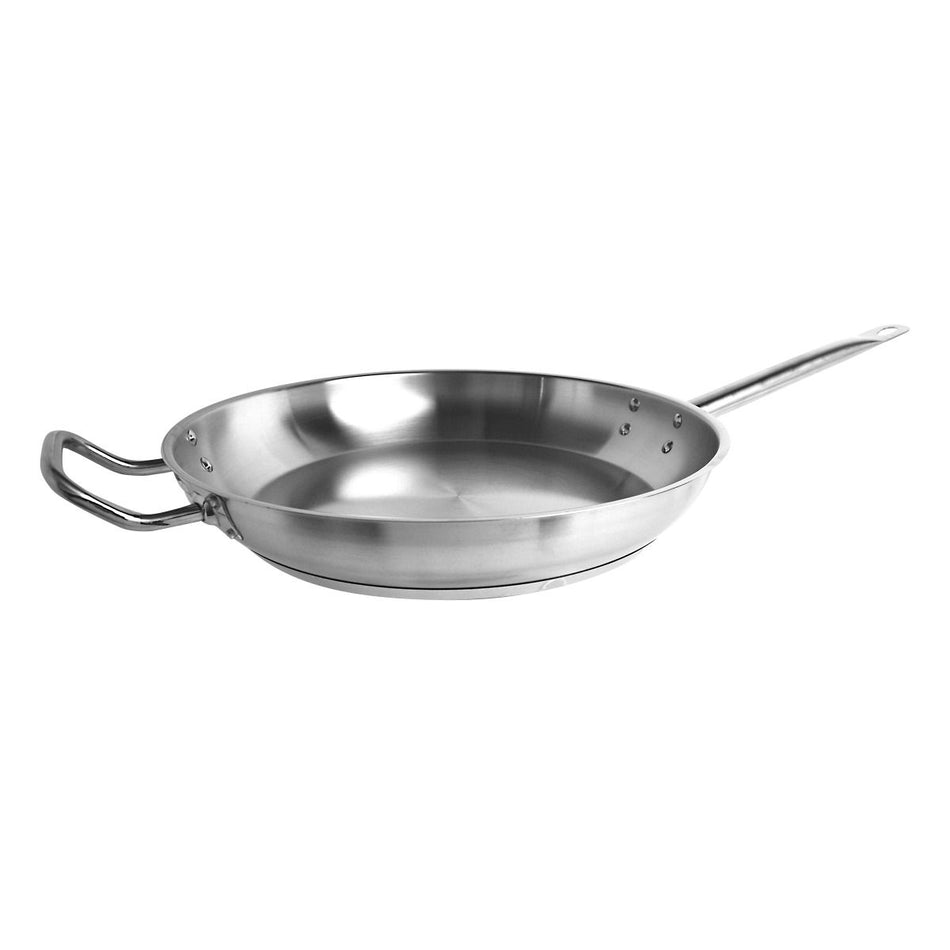 12" Diameter x 2-1/8" Height, 10-1/8" Welded Hollow Handle, Fry Pan, Stainless Steel , Encapsulated Base, Dishwasher Safe, Standard Electric, Gas Cooktop, Halogen & Induction Ready, Oven Safe, Heavy-Duty, NSF