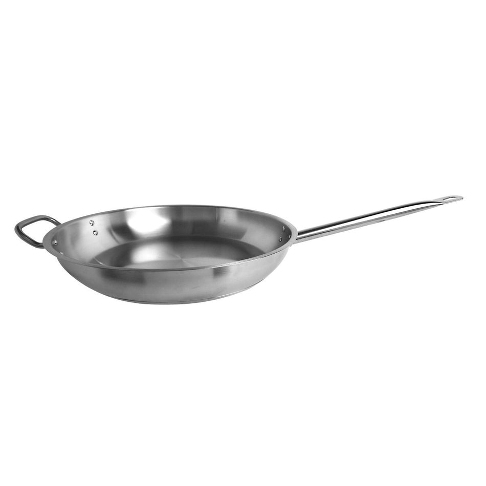 14" Diameter x 2-5/8" Height, 11-1/8" Welded Hollow Handle, Fry Pan, Stainless Steel , Encapsulated Base, Dishwasher Safe, Standard Electric, Gas Cooktop, Halogen & Induction Ready, Oven Safe, Heavy-Duty, NSF