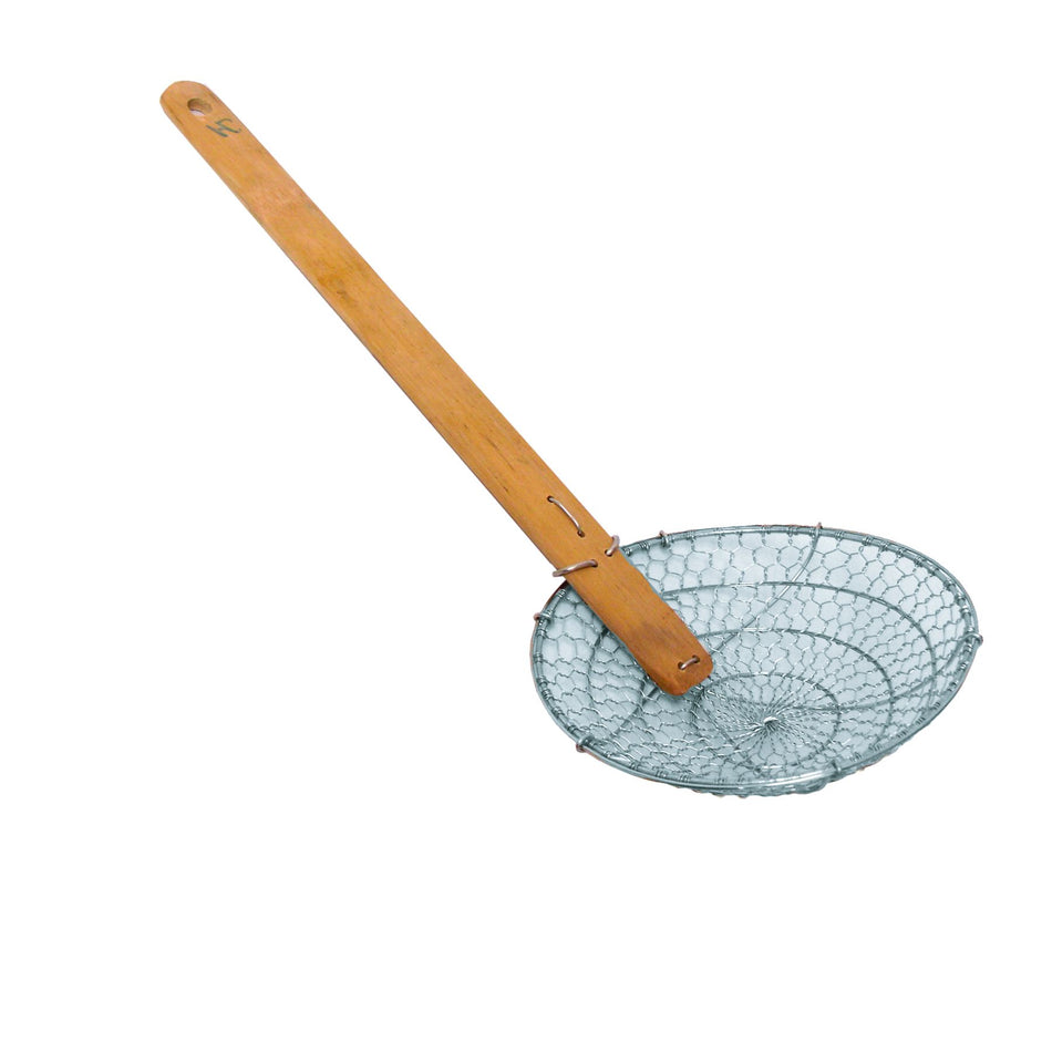 12" Diameter x 3" Height, Coarse Mesh Skimmer, Stainless Steel Mesh with 14-3/8" length x 1-3/4" width Bamboo Handle