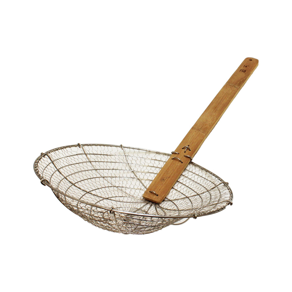 14" Diameter x 3-1/2" Height, Galvanized Coarse Mesh Skimmer, Galvanized Wire Mesh with 16-1/4" length x 1-3/4" width Bamboo Handle