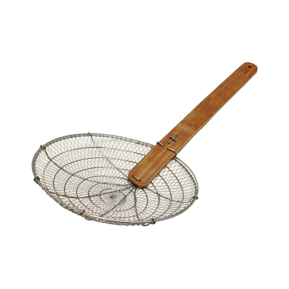 12" Diameter x 3" Height, Galvanized Fine Mesh Skimmer, Galvanized Wire Mesh with 14-5/8" length x 1-3/4" width Bamboo Handle