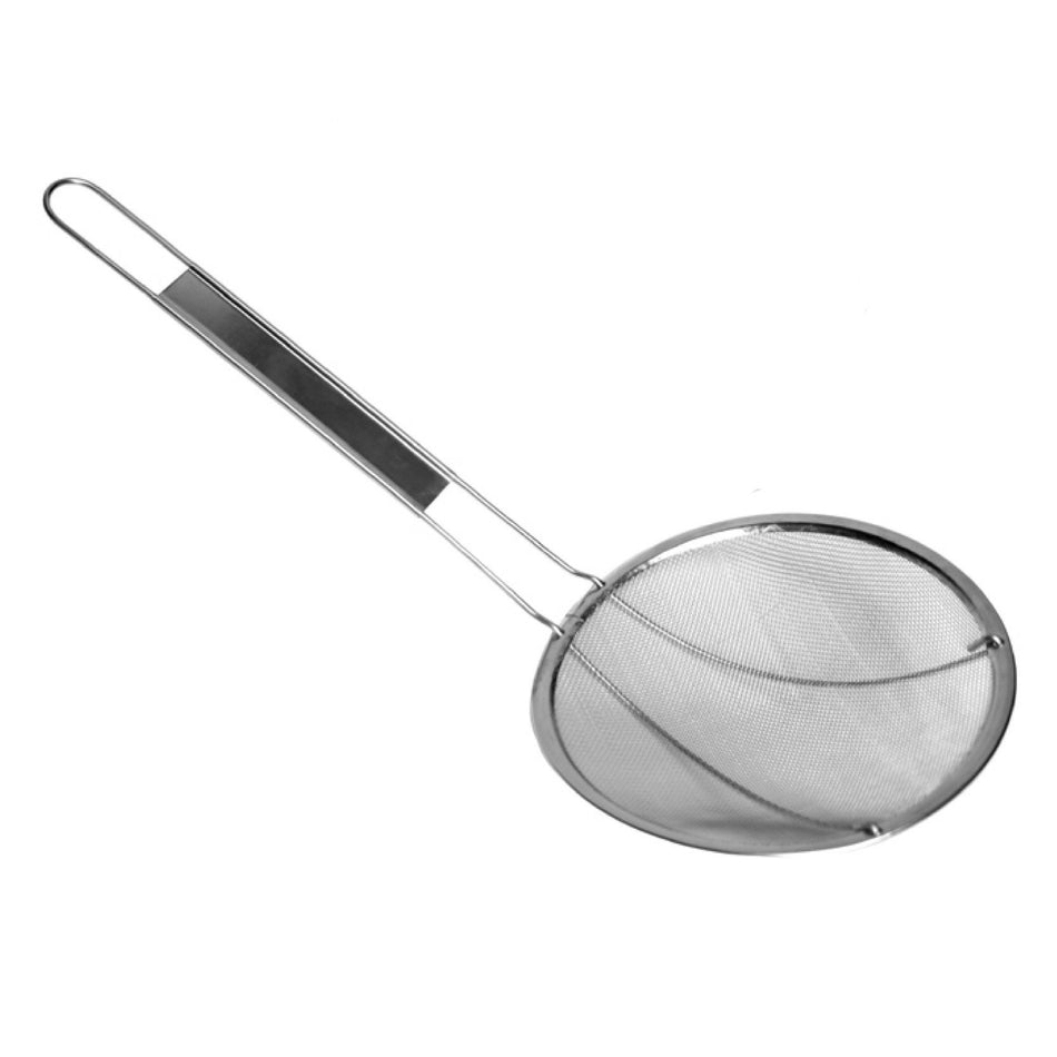 7" Diameter, 10" Handle Length, Round Medium Mesh Skimmer, Stainless Steel, Easy to Clean