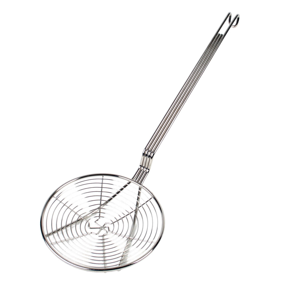 7" Diameter, 13" Handle Length, Round Spiral Wire Skimmer, Nickel Plated, Easy to Clean