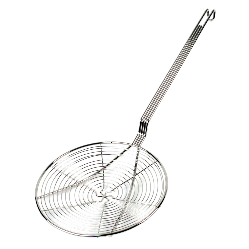 9" Diameter, 13" Handle Length, Round Spiral Wire Skimmer, Nickel Plated, Easy to Clean