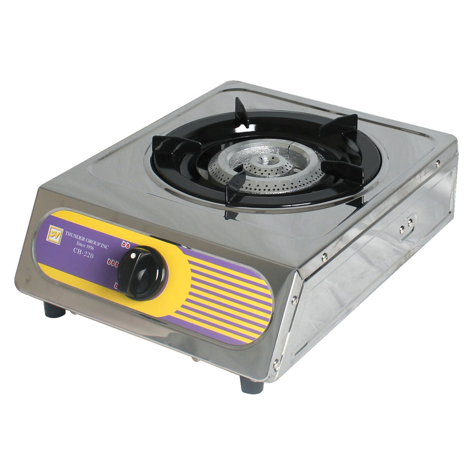 15-1/2" x 11-1/2" x 5-1/2", Single Stove, comes with an adjustable heat dial and a low pressure regulator, Propane only, Zinc Plated Stainless Steel Case with Cast Iron Stove , Made in Taiwan, 16,500 BTU/H