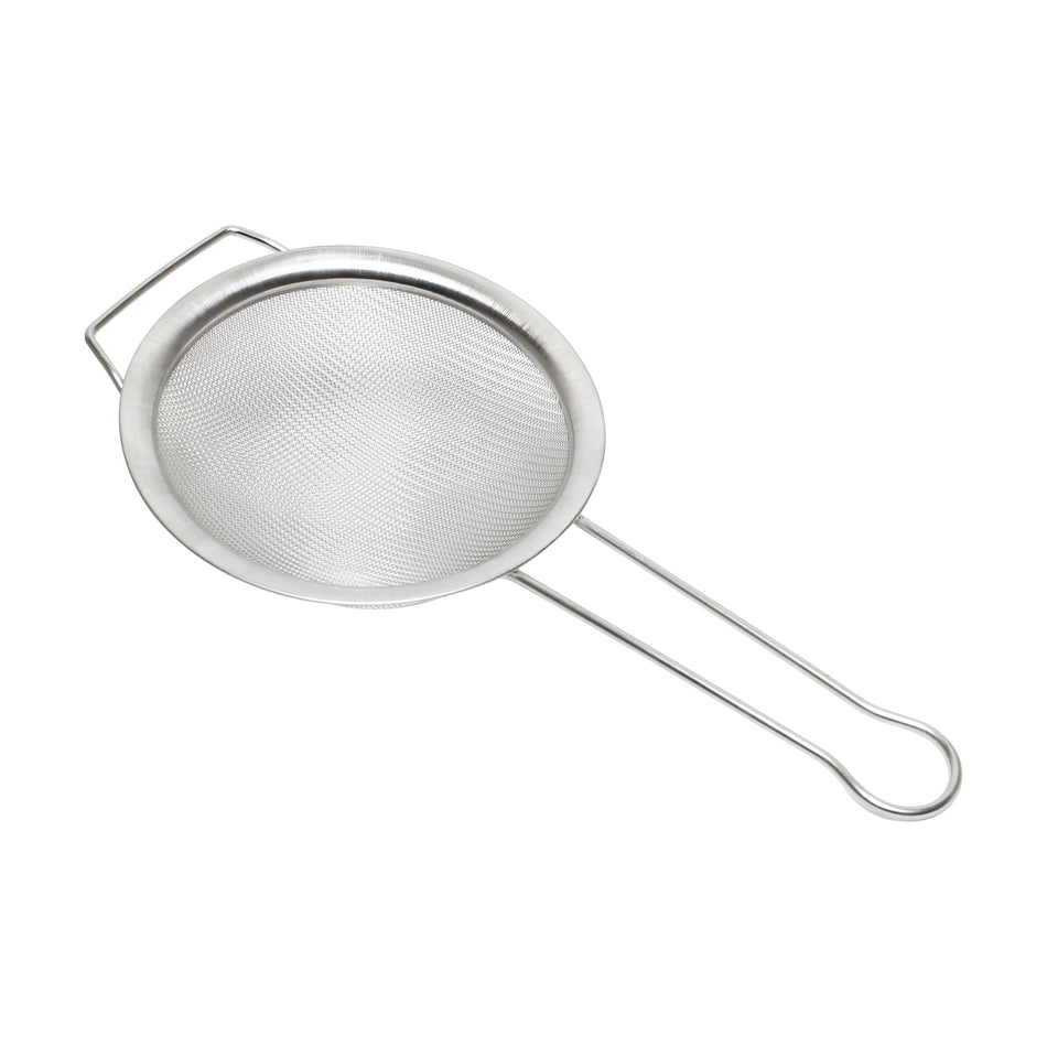 8" Diameter x 2-1/2" Height, 6-3/8" Handle Length, 3/4" Support Handle, Strainer with Support Handle, Stainless Steel Single Mesh with frame and support handle