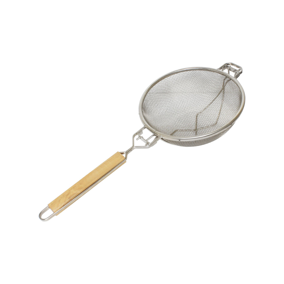 9-1/2" Diameter x 5-1/8" Height, 13" Handle Length, Reinforced Fine Double Mesh Strainer, Nickel Plated Wire, Frame & Support with Flat Wooden Handle, Extra Cross-Support