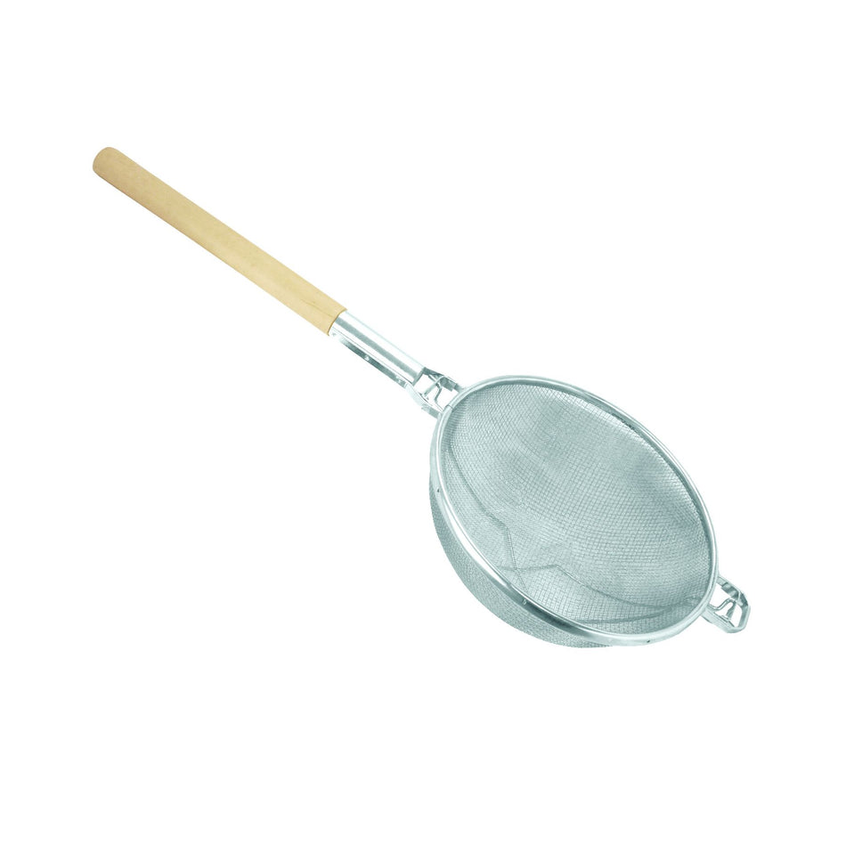 11-3/4" Diameter x 6-1/2" Height, 19-1/4" Handle Length, Reinforced Fine Double Mesh Strainer, Nickel Plated Wire, Frame & Support with Round Wooden Handle, Extra Cross-Support