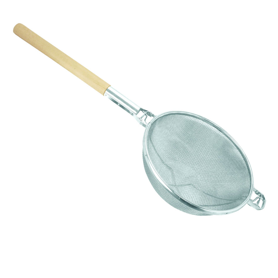 13-3/4" Diameter x 8" Height, 19-3/4" Handle Length, Reinforced Fine Double Mesh Strainer, Nickel Plated Wire, Frame & Support with Round Wooden Handle, Extra Cross-Support