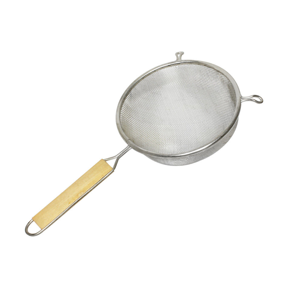 8" Diameter x 3" Height, 6-1/2" Handle Length, Single Medium Mesh Strainer, Stainless Steel Mesh with Flat Wooden Handle