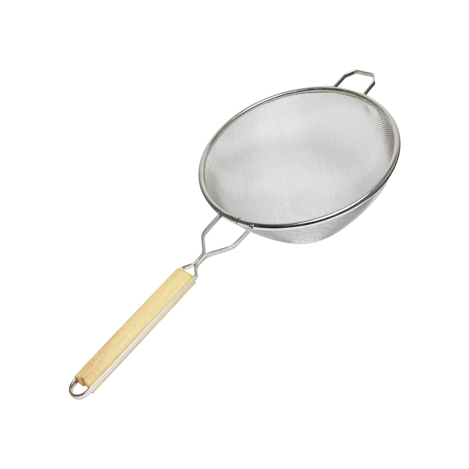 10" Diameter x 4-1/8" Height, 10-3/4" Handle Length, Single Medium Mesh Strainer, Stainless Steel Mesh with Flat Wooden Handle