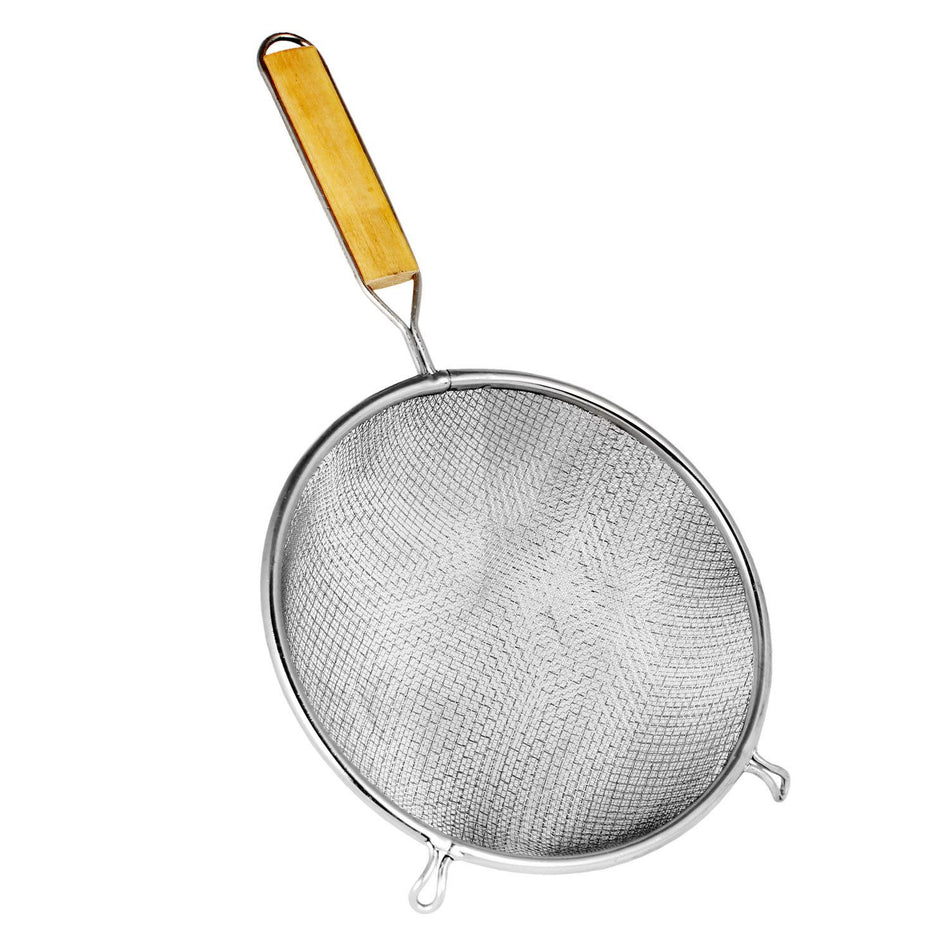 8" Diameter x 3" Height, 6-1/2" Handle Length, Double Medium Mesh Strainer, Stainless Steel Mesh with Flat Wooden Handle