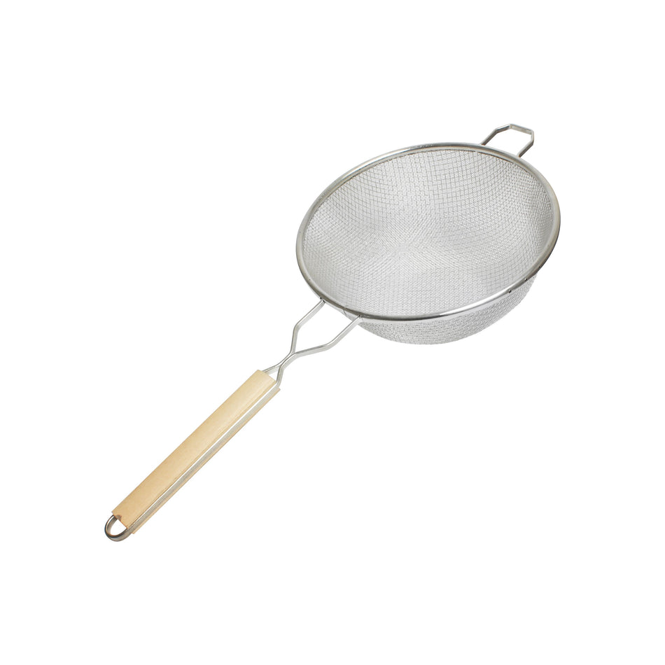 10" Diameter x 4-1/8" Height, 10-3/4" Handle Length, Double Medium Mesh Strainer, Stainless Steel Mesh with Flat Wooden Handle