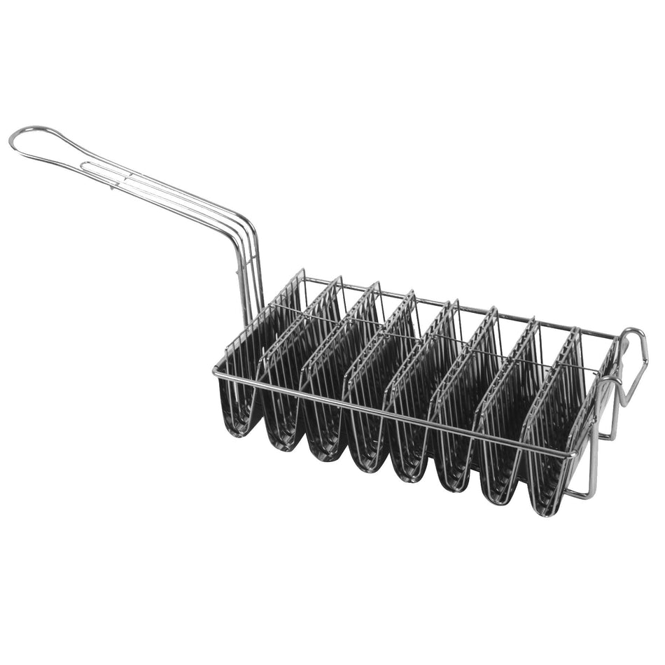 21-1/4" x 6-3/4" x 9", 8 Mould Taco Basket, Nickel Plated, (Basket size: 12" x 7" x 3"), (Taco Slot Size: 5-7/8" x 1-1/4" x 3-1/8"), Basket Holder Thickness: 0.4mm