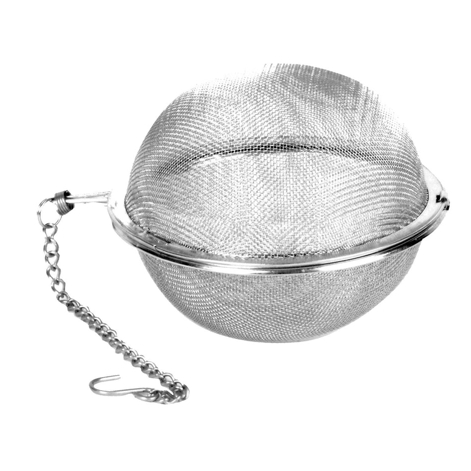2-3/4" Diameter x 2-1/2" Height, Tea Ball with chain and mesh, Stainless Steel 18/8, 304 Material, Keeps tea leaves residue in the ball while extracting tea