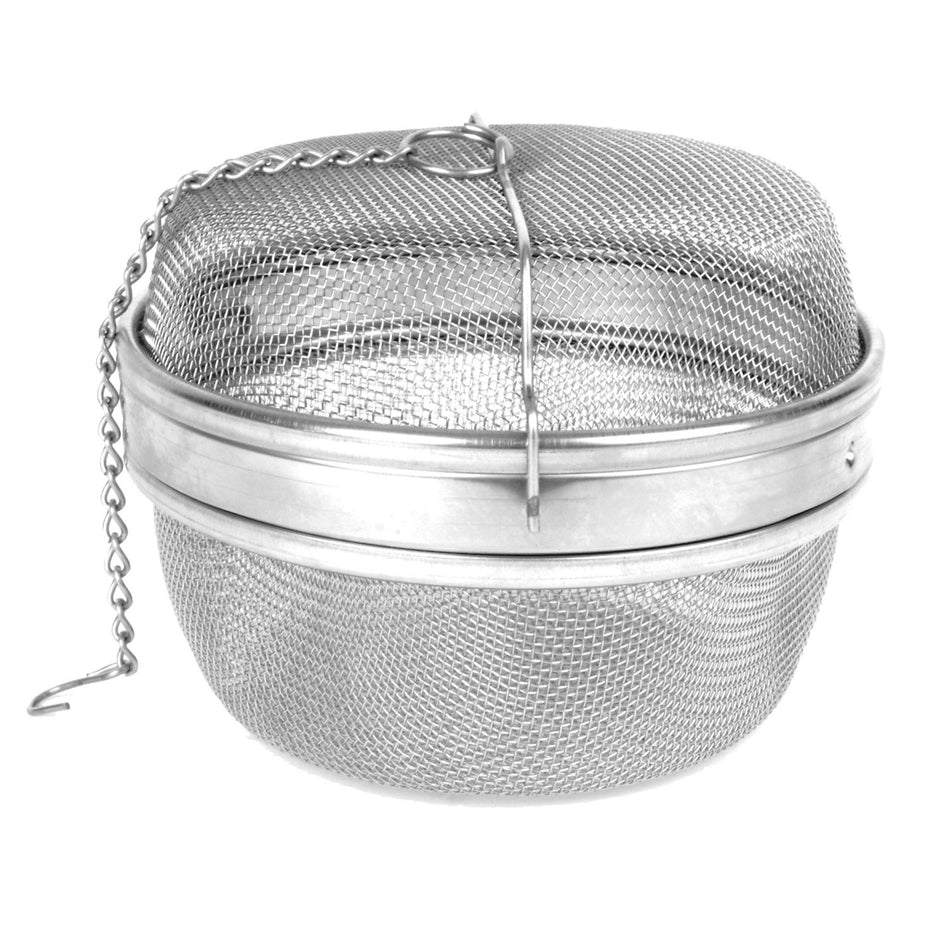 5-1/4" Diameter x 4-1/4" Height, Tea Ball with chain and mesh, Stainless Steel 18/8, 304 Material, Keeps tea leaves residue in the ball while extracting tea