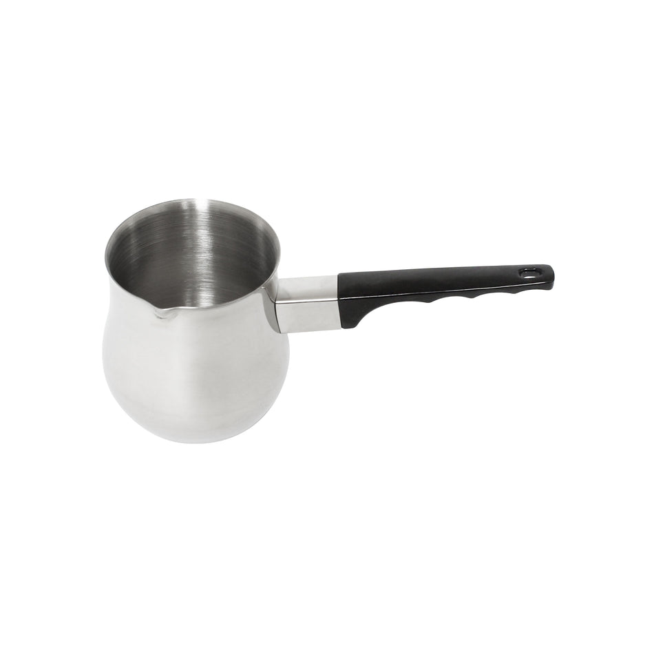 24 oz, 4-1/7" Diameter x 4-1/7" Height, 5-1/2" Black Easy-Grip Handle, Turkish Coffee Decanter, Stainless Steel, Mirror Finished