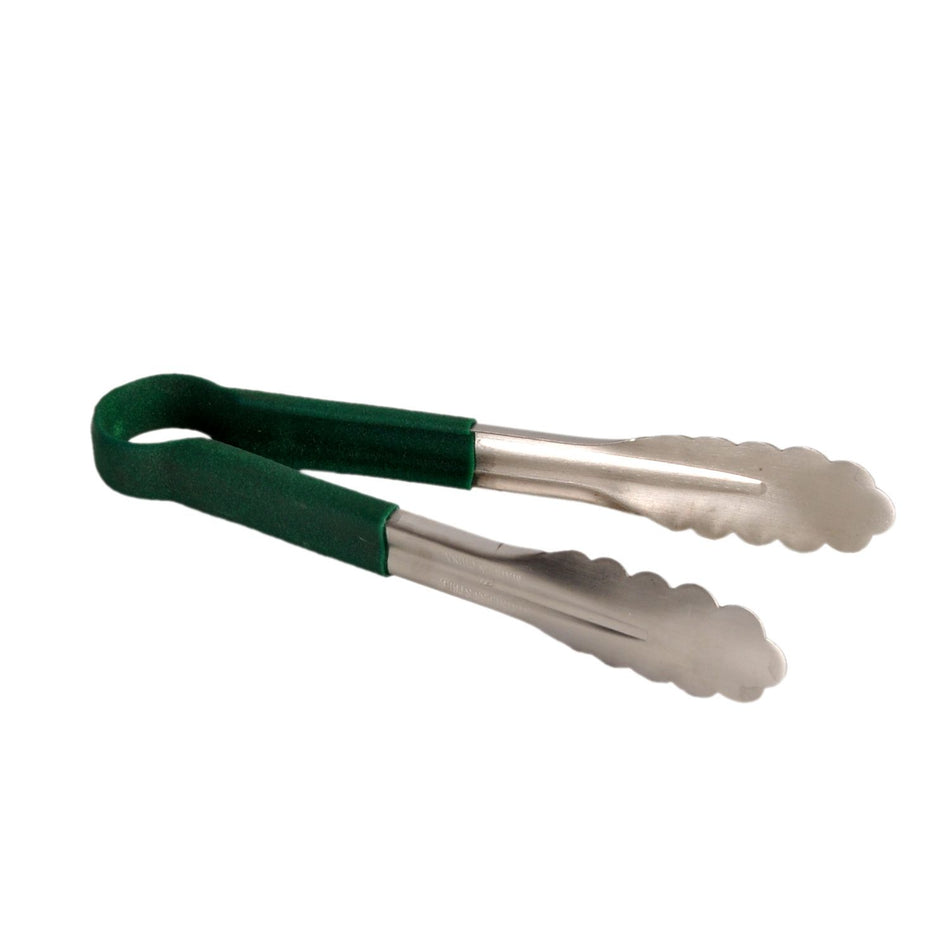 10" x 4-5/8" x 1-1/2", Tong, Green Color, Stainless Steel Body with Non-Slip PolyVinyl chloride Coated handles, Sanitary and Safe for Food Service, Color Coded