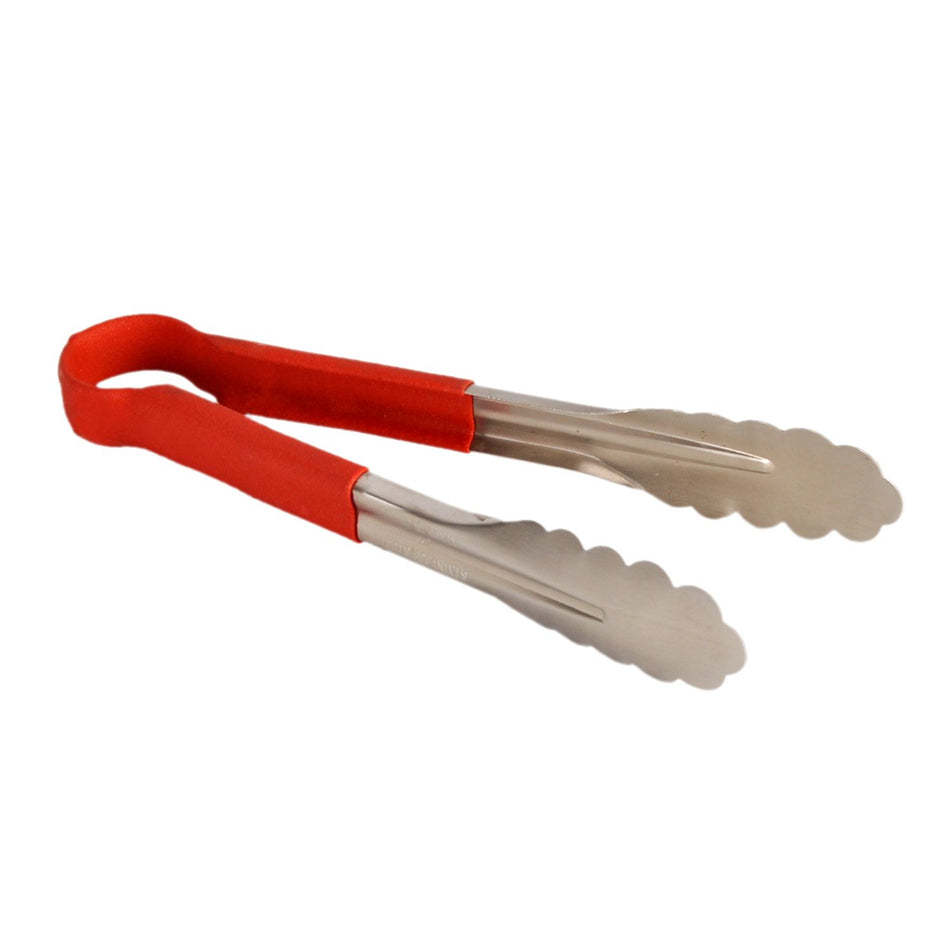 10" x 4-5/8" x 1-1/2", Tong, Red Color, Stainless Steel Body with Non-Slip PolyVinyl chloride Coated handles, Sanitary and Safe for Food Service, Color Coded