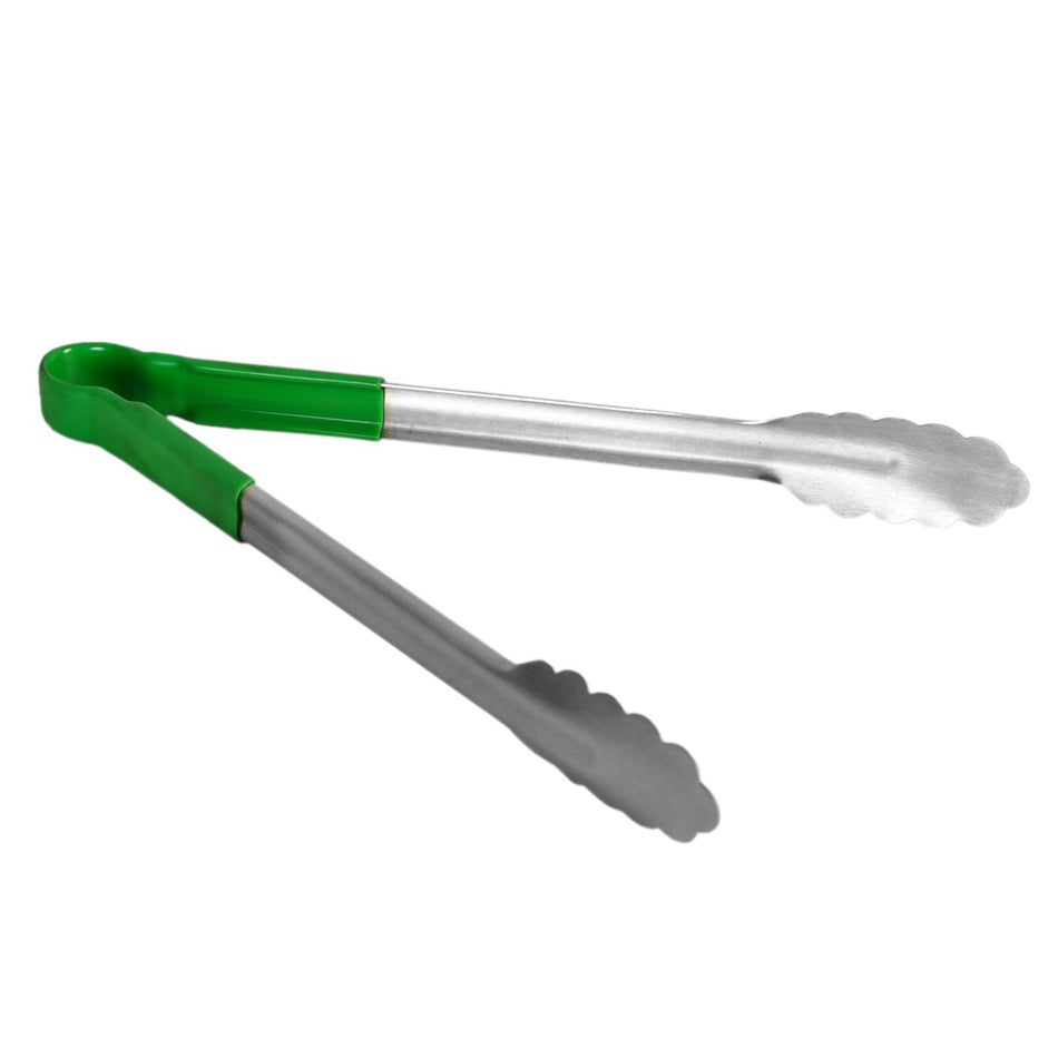 12" x 7-3/4" x 1-1/2", Tong, Green Color, Stainless Steel Body with Non-Slip PolyVinyl chloride Coated handles, Sanitary and Safe for Food Service, Color Coded